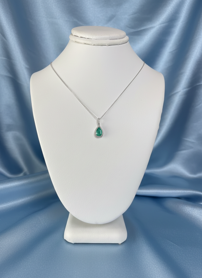 9ct White Gold Emerald & Diamond Cluster Pendant Necklace