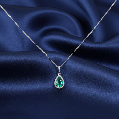 9ct White Gold Emerald & Diamond Cluster Pendant Necklace