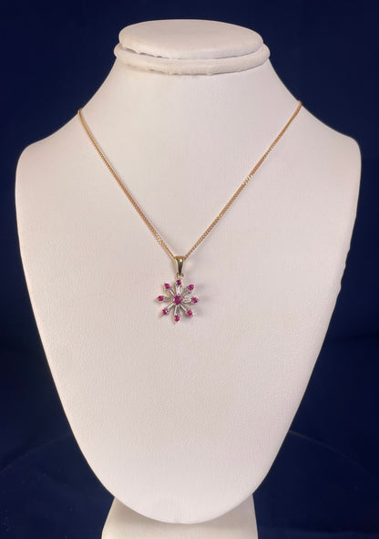 9ct Yellow Gold Diamond & Ruby Snow Flake Pendant Necklace