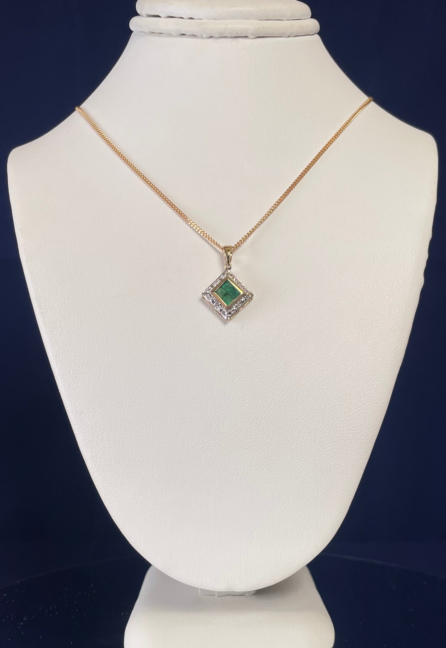 9ct Yellow Gold Diamond & Emerald Square Pendant Necklace