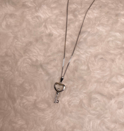 9ct White Gold Key Pendant with Diamond Chips & Floating Diamond