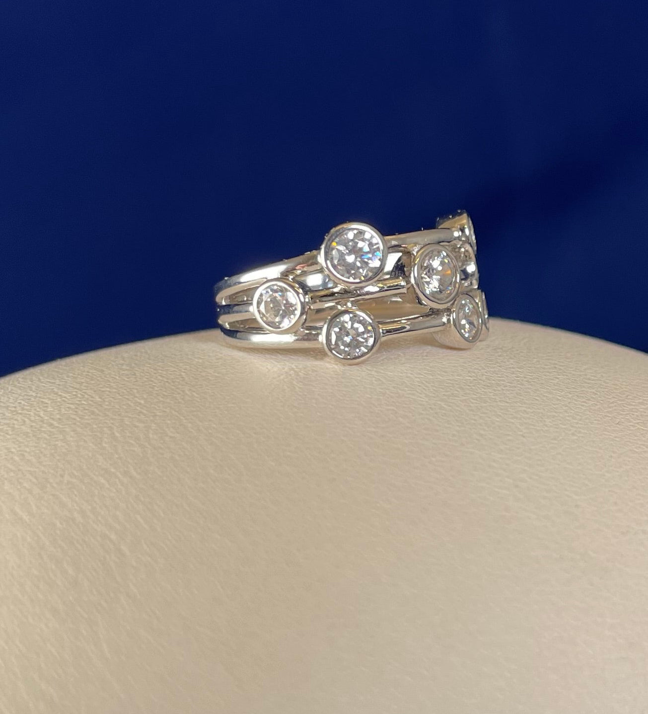 Rhodium-Plated Silver Three Row Boodle Ring with Cubic Zirconia