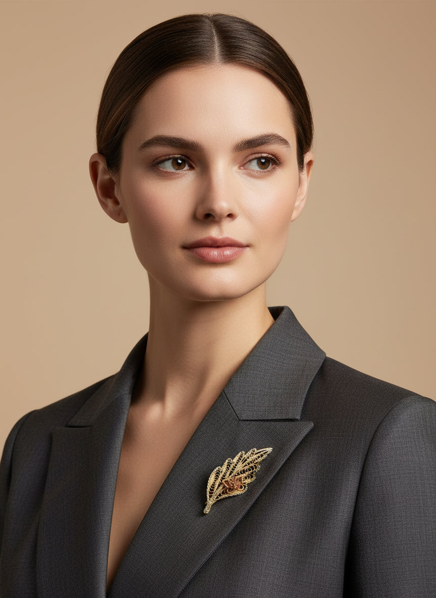 9ct Three Colour Gold Filigree Leaf Brooch