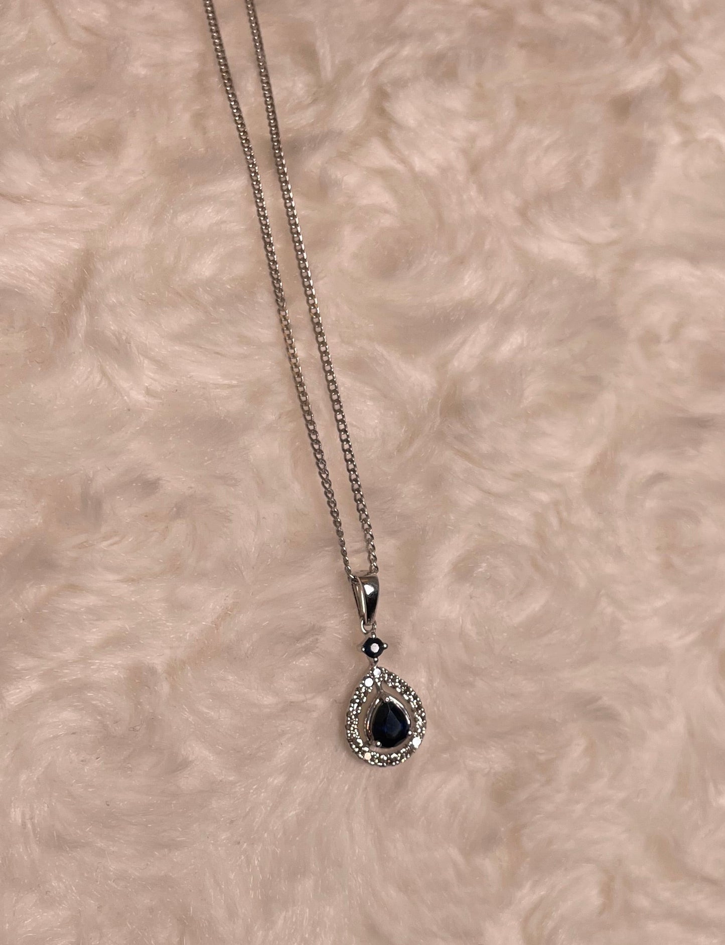 9ct White Gold Sapphire & Diamond Pear Shaped Pendant Necklace