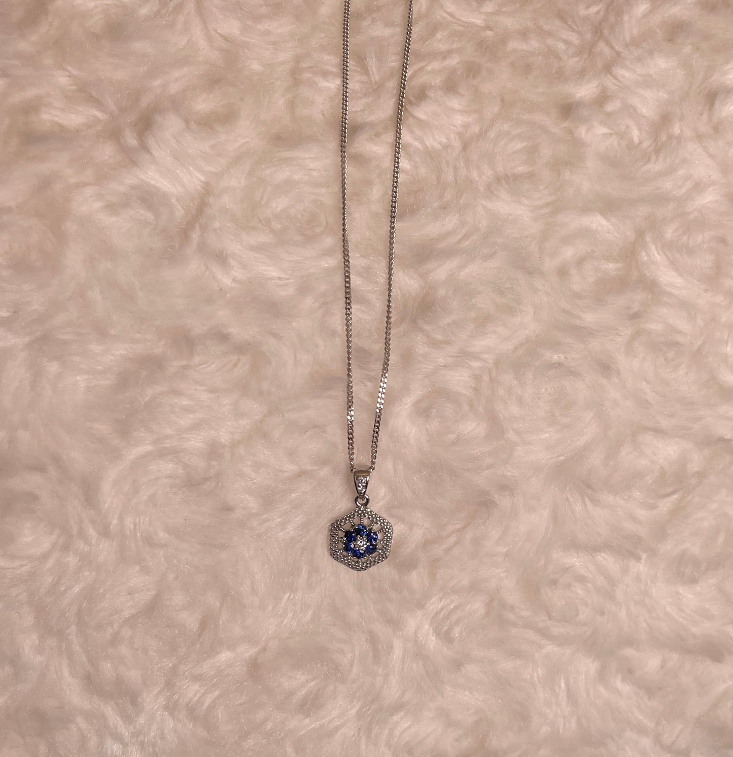 9ct White Gold Sapphire & Diamond Hexagonal Design Pendant Necklace