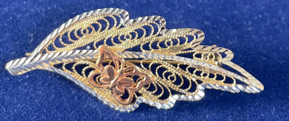 9ct Three Colour Gold Filigree Leaf Brooch