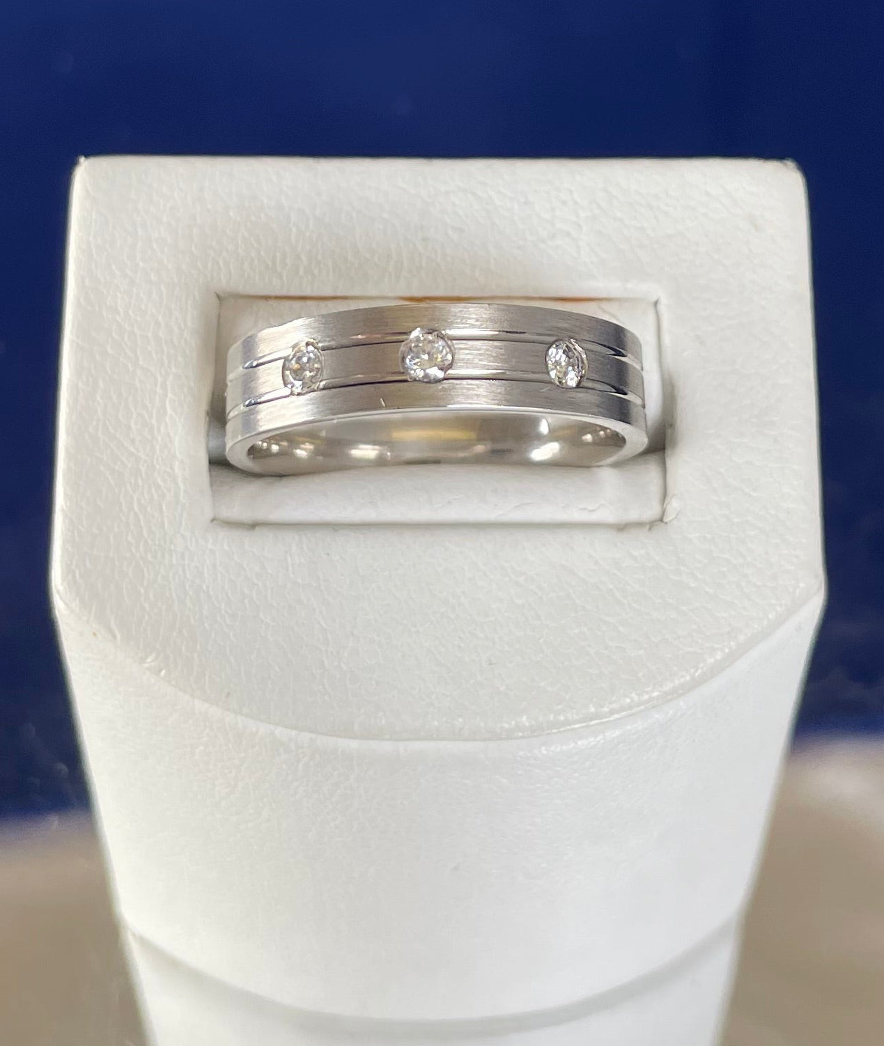 Rhodium-Plated Silver Matte Finish Flat Court Band with Cubic Zirconias