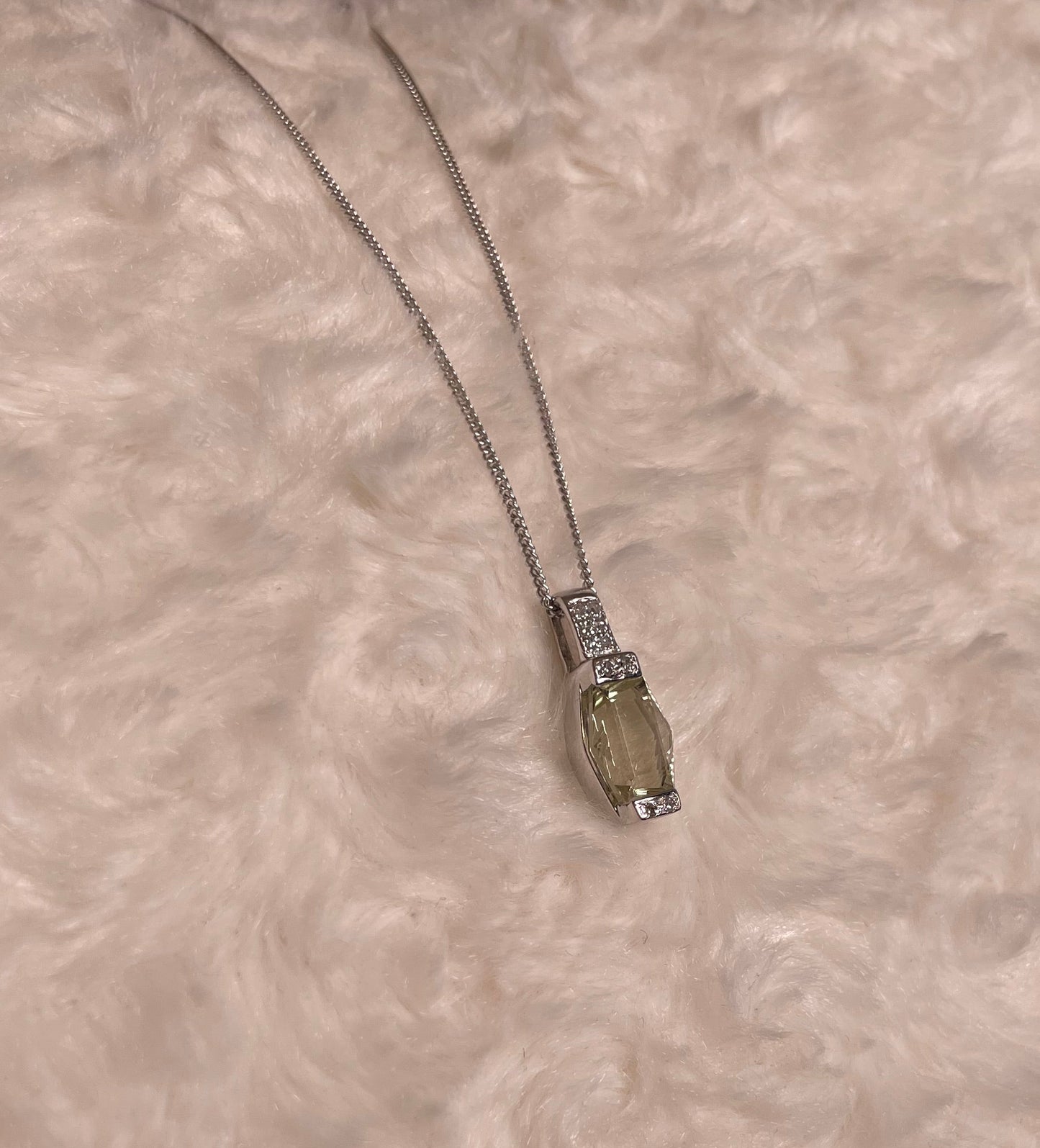 9ct White Gold Lemon Quartz & Diamond Pendant Necklace