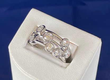 Rhodium-Plated Silver Three Row Boodle Ring with Cubic Zirconia