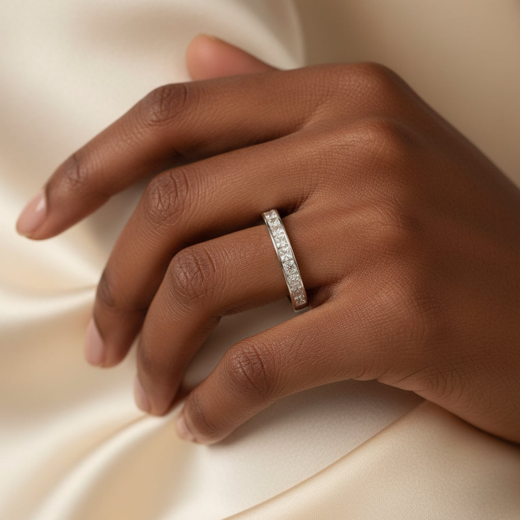Rhodium-Plated Silver Half Eternity Channel Set Princess Cut Cubic Zirconia