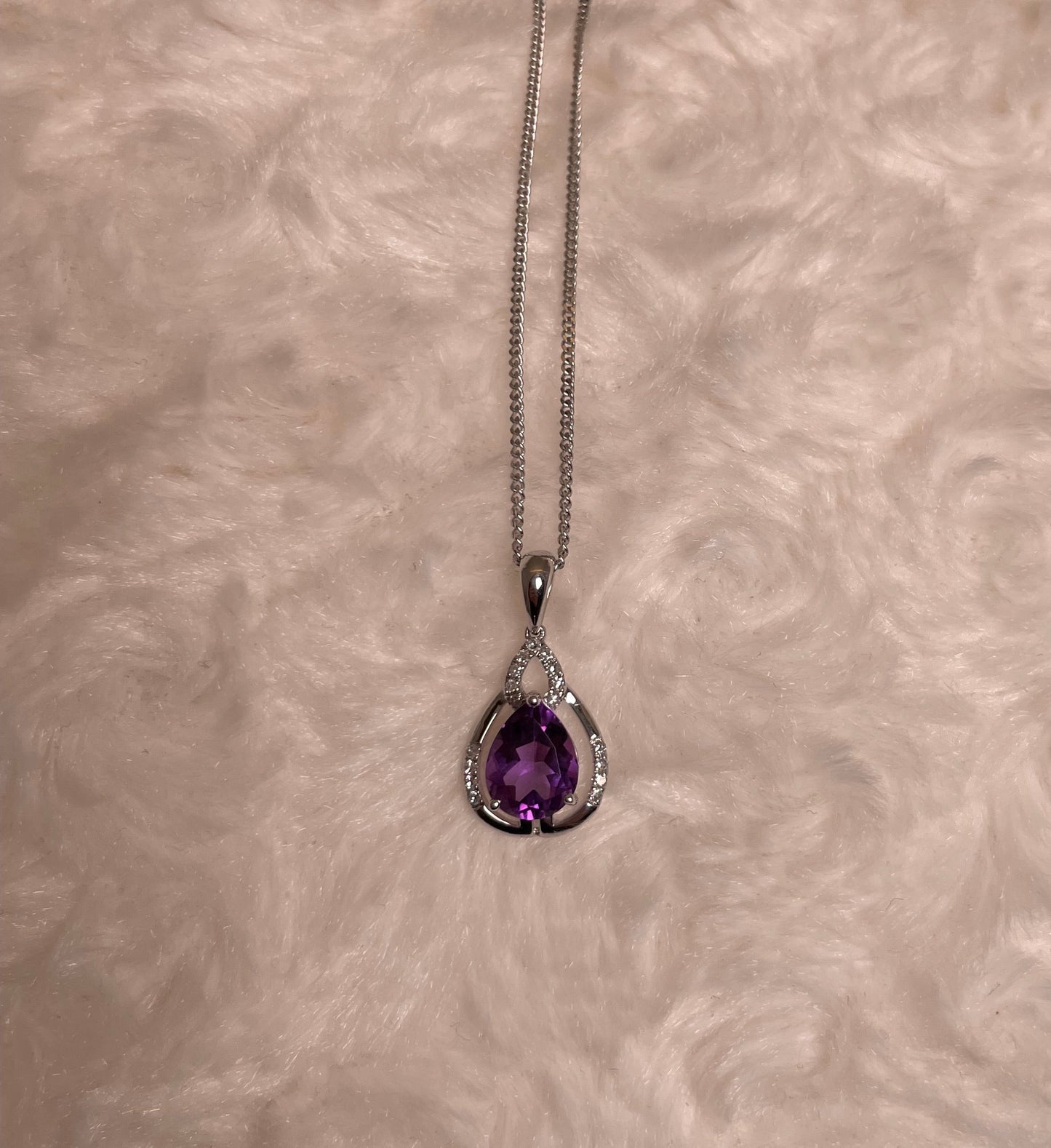 9ct White Gold Pear Amethyst & Diamond Pendant Necklace