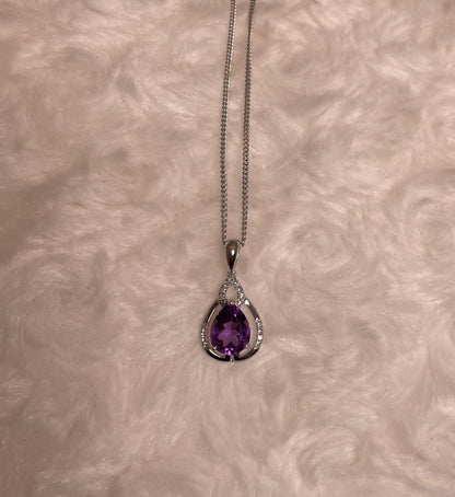 9ct White Gold Pear Amethyst & Diamond Pendant Necklace