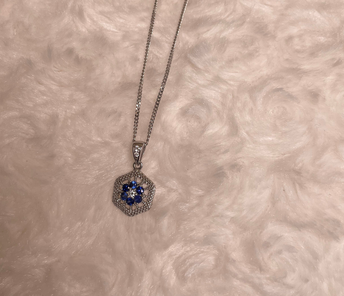 9ct White Gold Sapphire & Diamond Hexagonal Design Pendant Necklace