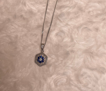 9ct White Gold Sapphire & Diamond Hexagonal Design Pendant Necklace