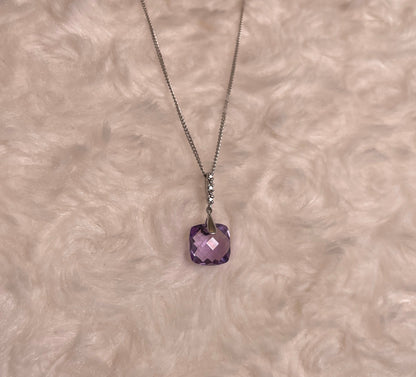9ct White Gold Pineapple Cut Cushion Shape Amethyst Drop Pendant Necklace