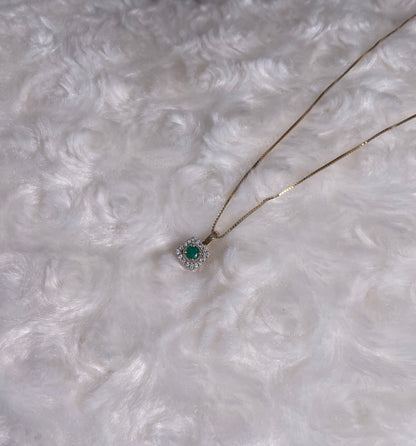 9ct Yellow Gold Emerald With Diamond Cluster Pendant Necklace