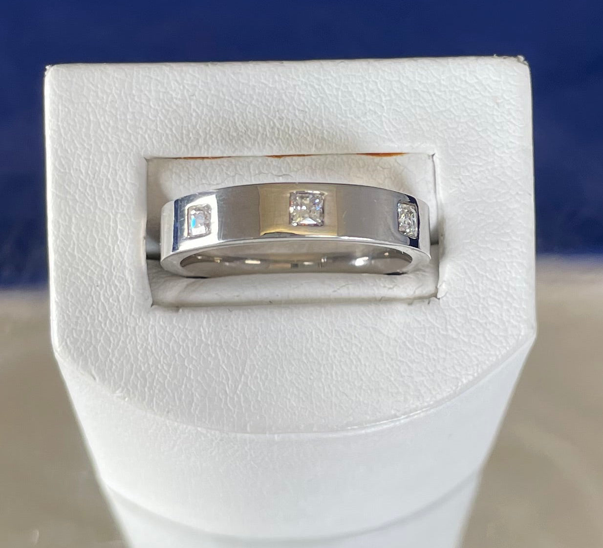 Rhodium-Plated Silver Flat Court Band with Three Princess Cut Cubic Zirconica Ring