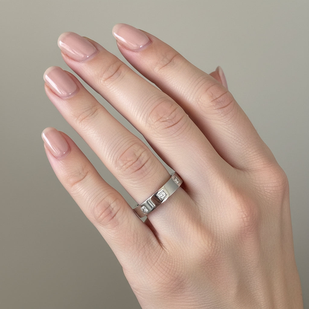 Rhodium-Plated Silver Flat Court Band with Three Princess Cut Cubic Zirconica Ring