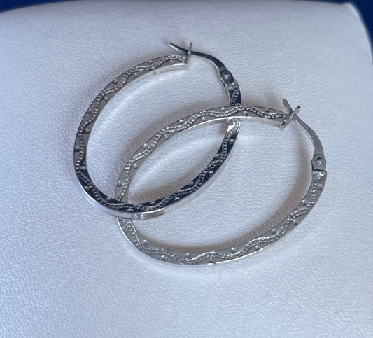 9ct White Gold Slim Flat Oval Hoop Earrings