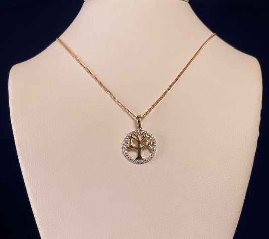 9ct Yellow Gold & Diamond Tree of Life Pendant Necklace