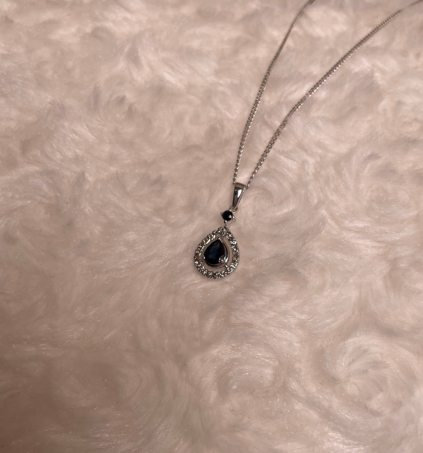 9ct White Gold Sapphire & Diamond Pear Shaped Pendant Necklace