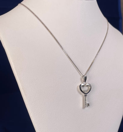 9ct White Gold Key Pendant with Diamond Chips & Floating Diamond