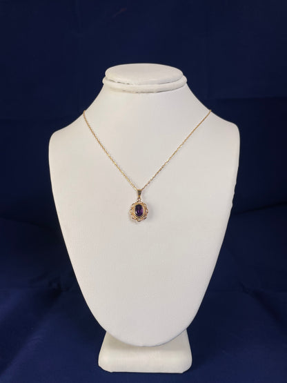 9ct Yellow Gold Rubover Set Oval Amethyst with Filigree Surround Pendant Necklace