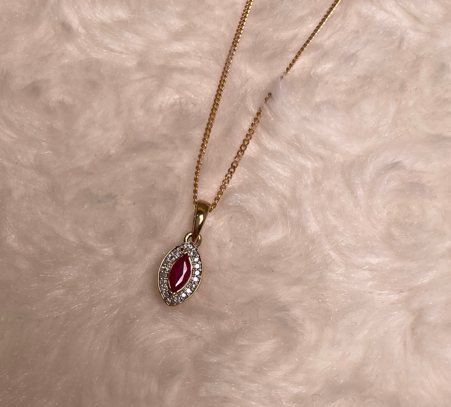 9ct Yellow Gold Marquise Ruby & Diamond Pendant Necklace