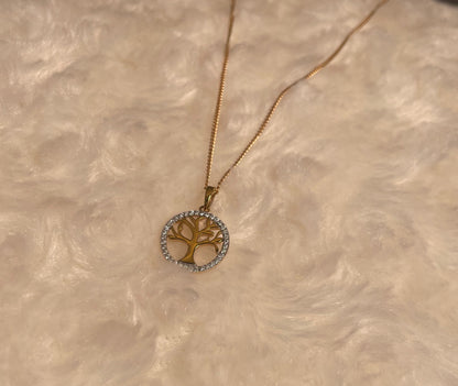 9ct Yellow Gold & Diamond Tree of Life Pendant Necklace