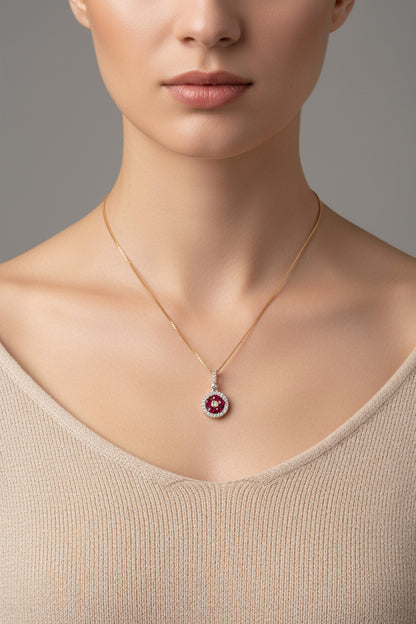 9ct Yellow Gold Cartwheel Design Diamonds & Rubies Pendant Necklace