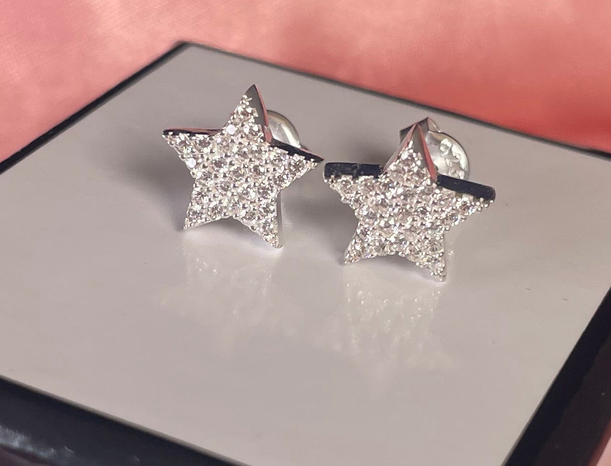 Star Earrings With Cubic Zirconia Rhodium Plated Silver