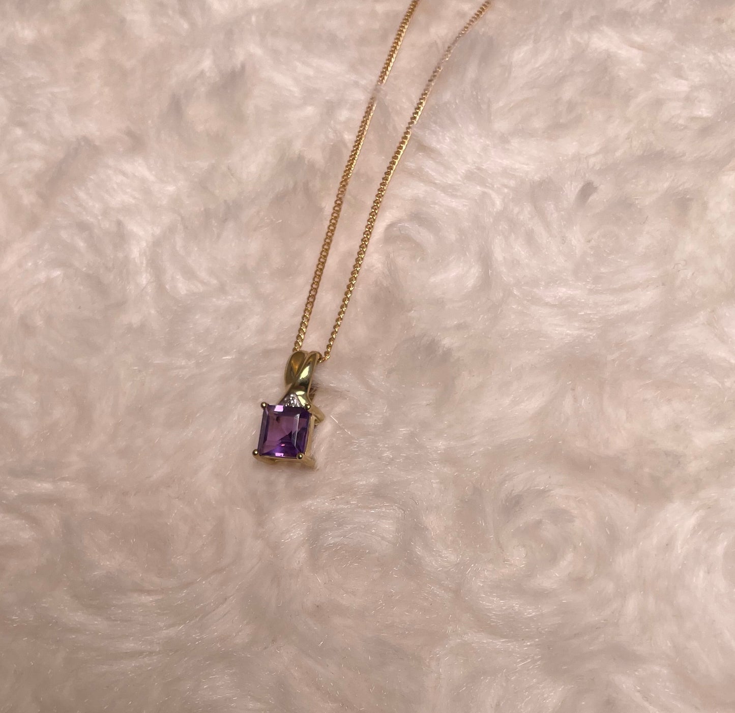 9ct Yellow Gold Square Amethyst with Diamond Chip Pendant Necklace