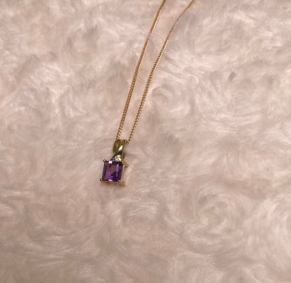 9ct Yellow Gold Square Amethyst with Diamond Chip Pendant Necklace