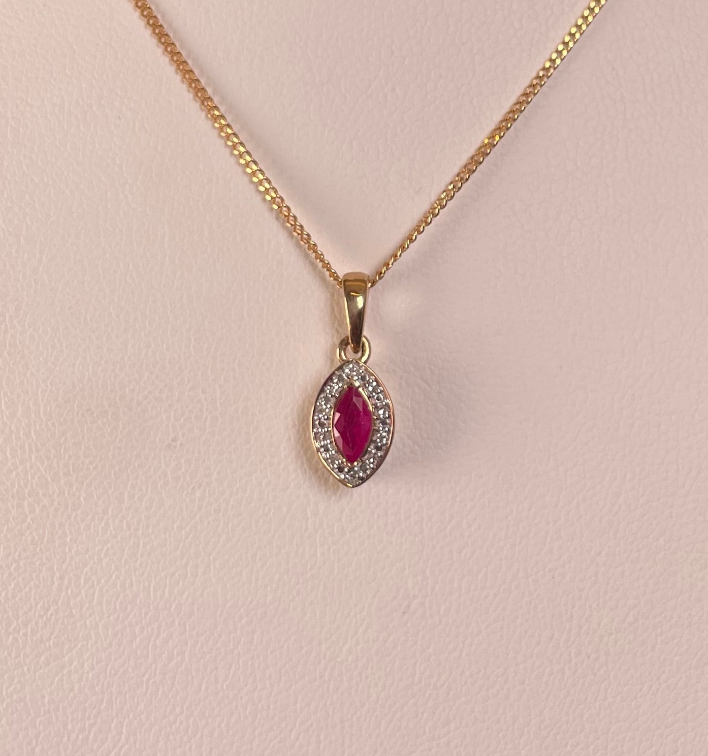 9ct Yellow Gold Marquise Ruby & Diamond Pendant Necklace