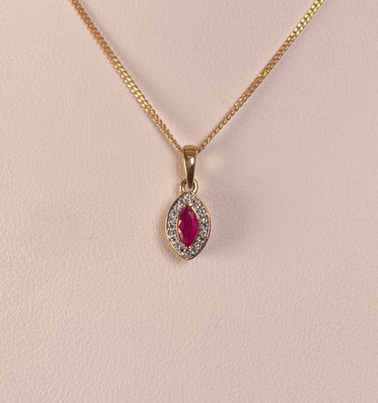 9ct Yellow Gold Marquise Ruby & Diamond Pendant Necklace