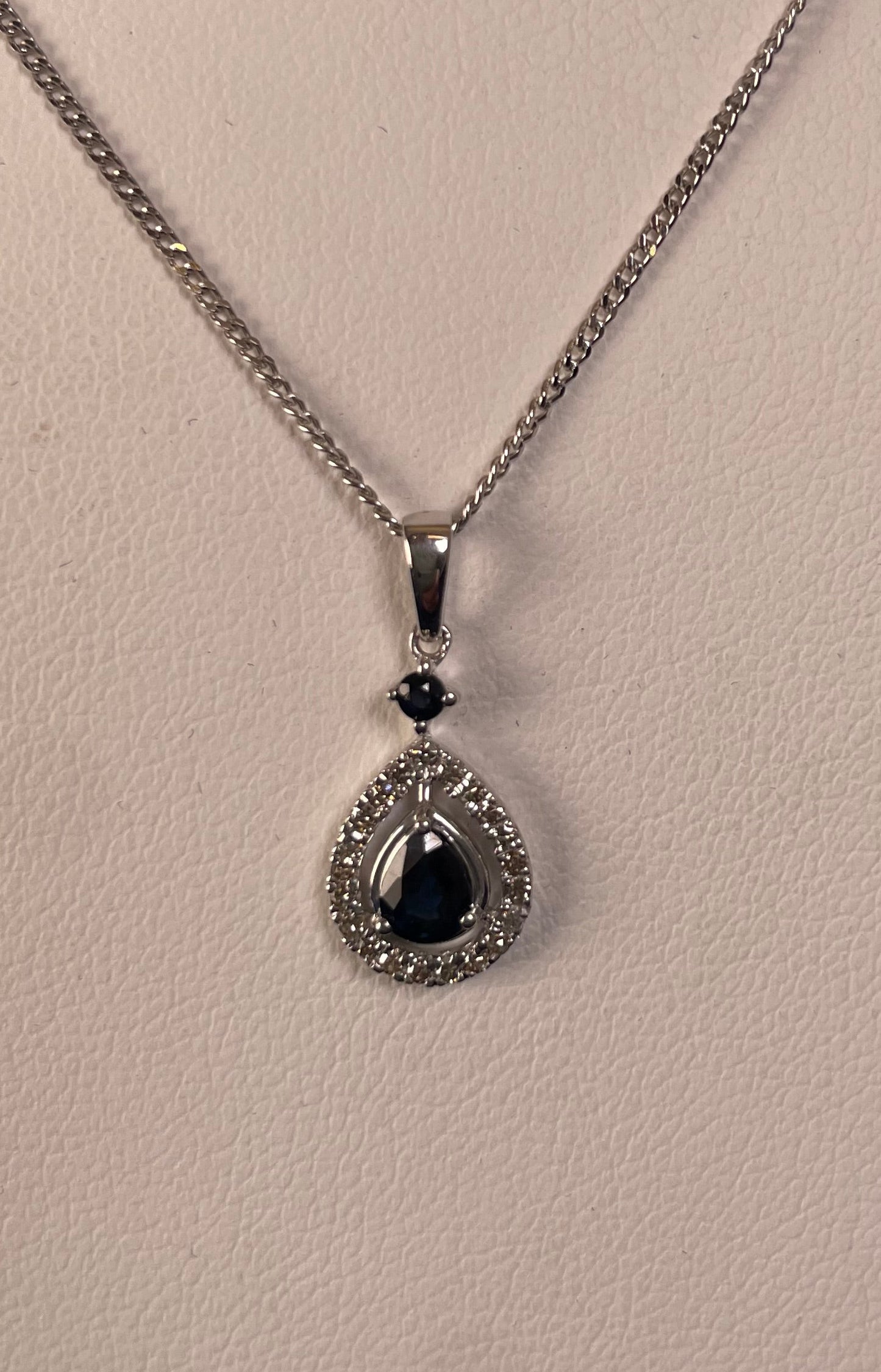9ct White Gold Sapphire & Diamond Pear Shaped Pendant Necklace
