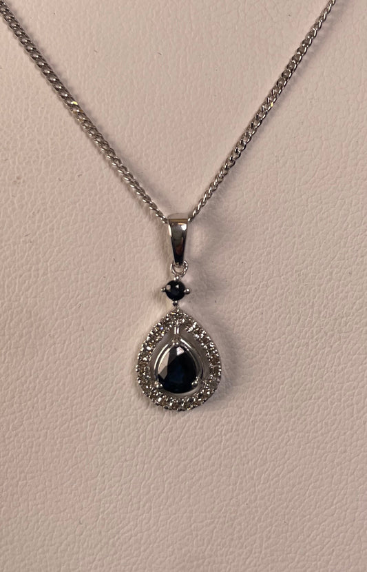 9ct White Gold Sapphire & Diamond Pear Shaped Pendant Necklace