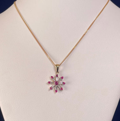 9ct Yellow Gold Diamond & Ruby Snow Flake Pendant Necklace