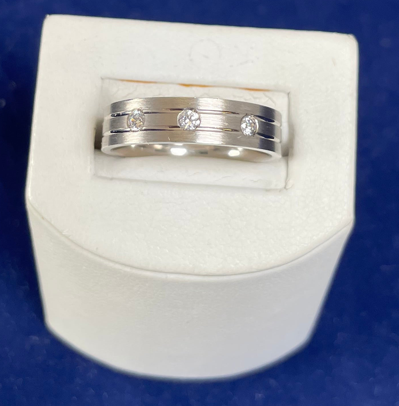 Rhodium-Plated Silver Matte Finish Flat Court Band with Cubic Zirconias