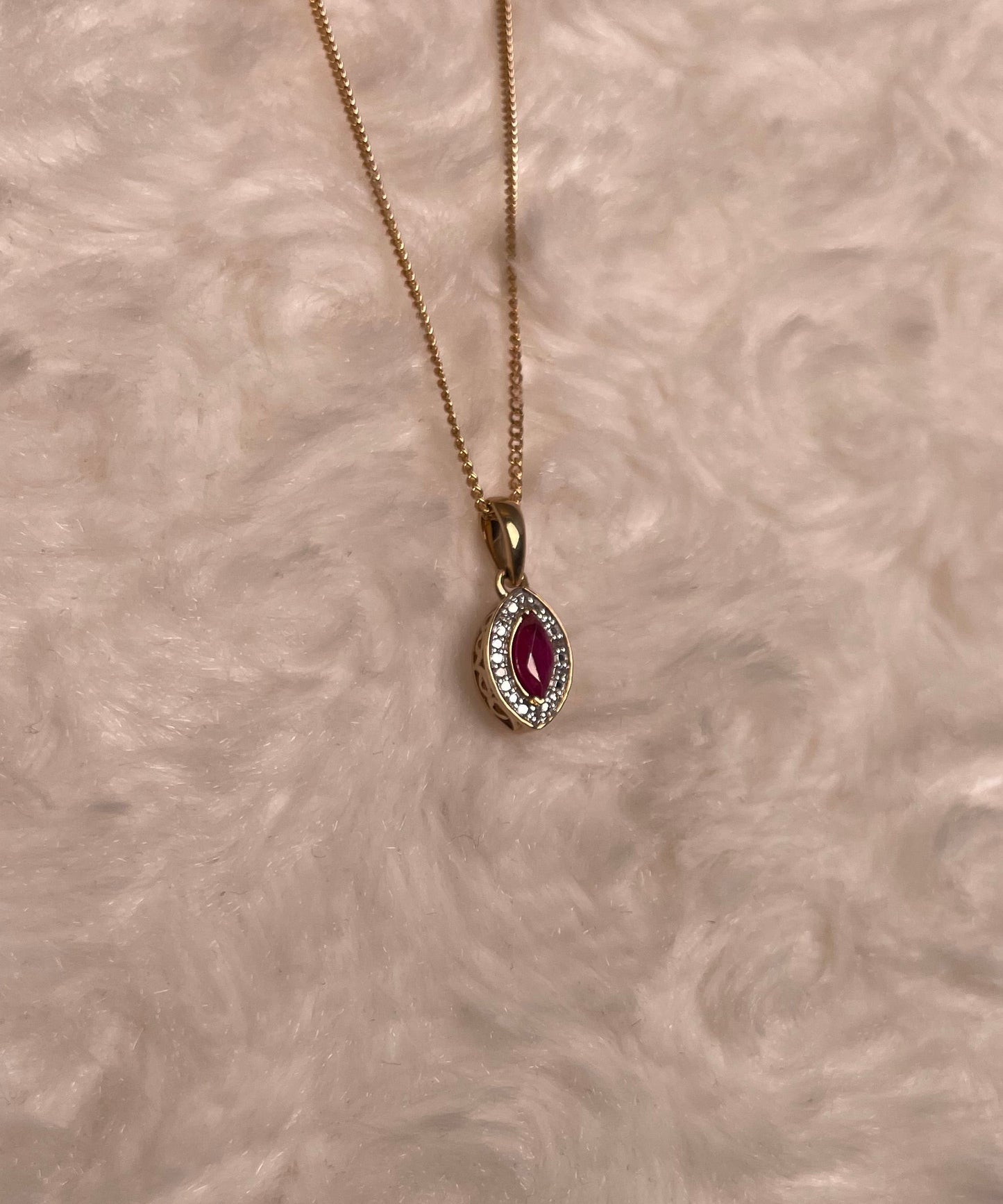 9ct Yellow Gold Marquise Ruby & Diamond Pendant Necklace
