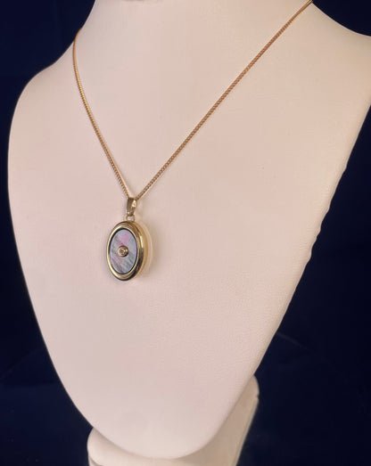 9ct Yellow Gold Grey Mother of Pearl Oval Locket With Small Diamond Centre