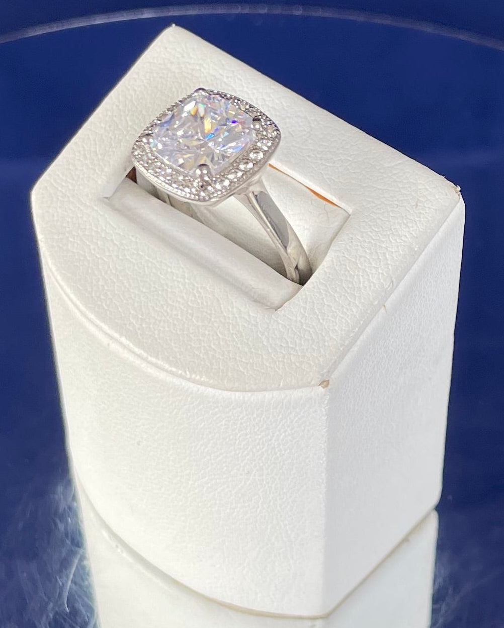 Rhodium-Plated Silver Large Cushion Shape Cubic Zirconia Cluster Ring
