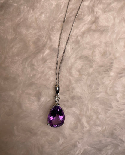 9ct White Gold Pear Shape Amethyst + One Diamond Pendant Necklace