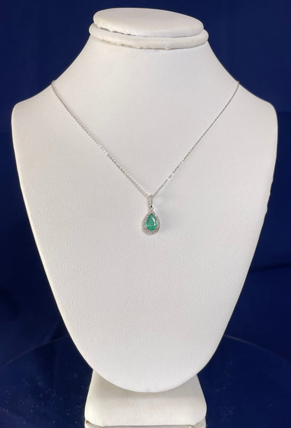 9ct White Gold Emerald & Diamond Cluster Pendant Necklace