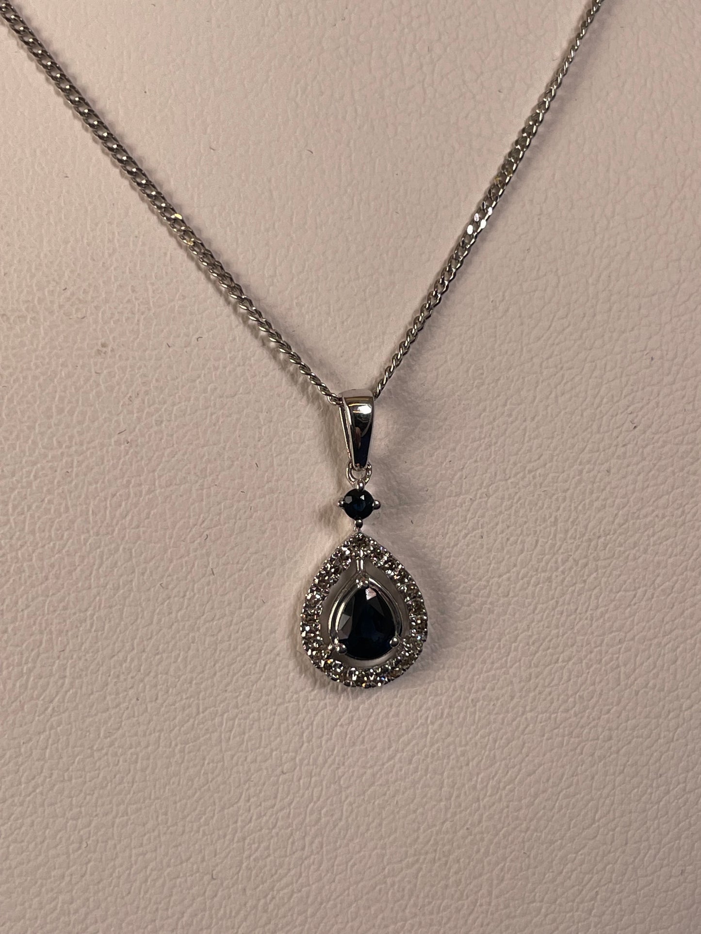 9ct White Gold Sapphire & Diamond Pear Shaped Pendant Necklace