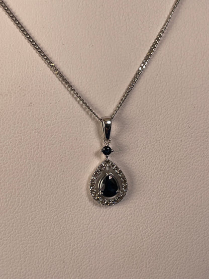 9ct White Gold Sapphire & Diamond Pear Shaped Pendant Necklace