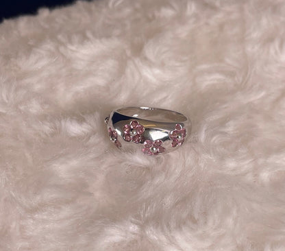 9ct White Gold Dome Dress Ring Set with Five Cluster Pink Sapphire flowers