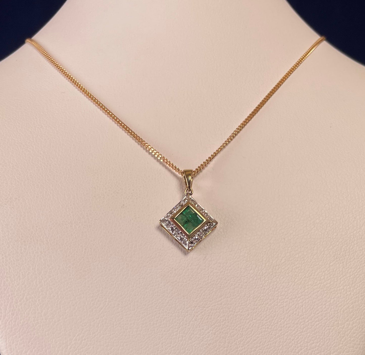 9ct Yellow Gold Diamond & Emerald Square Pendant Necklace