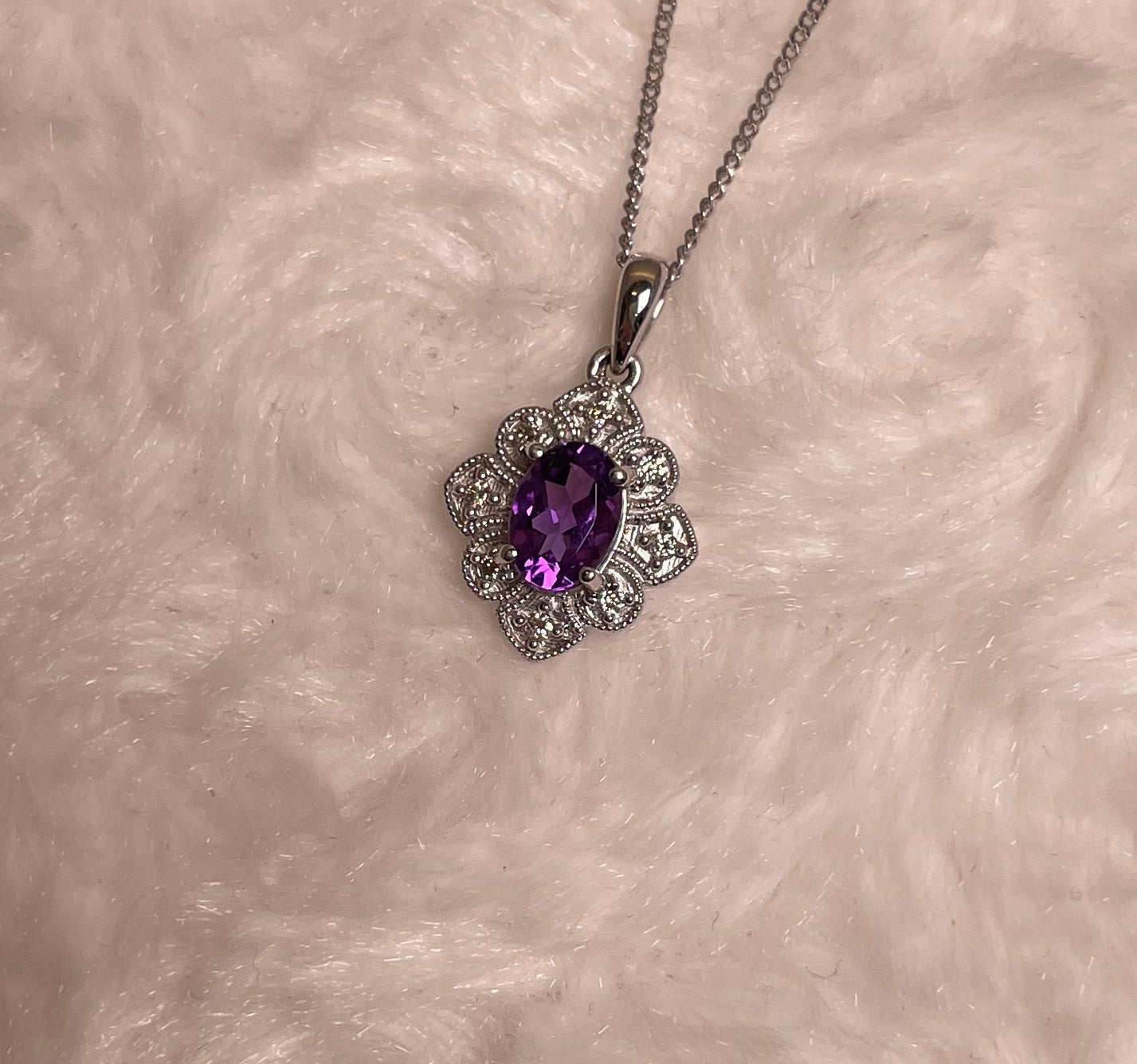 9ct White Gold Amethyst & Diamond Art Deco Pendant Necklace