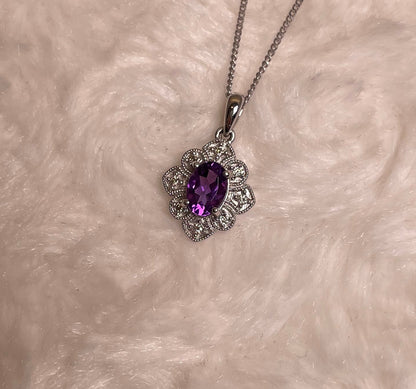 9ct White Gold Amethyst & Diamond Art Deco Pendant Necklace